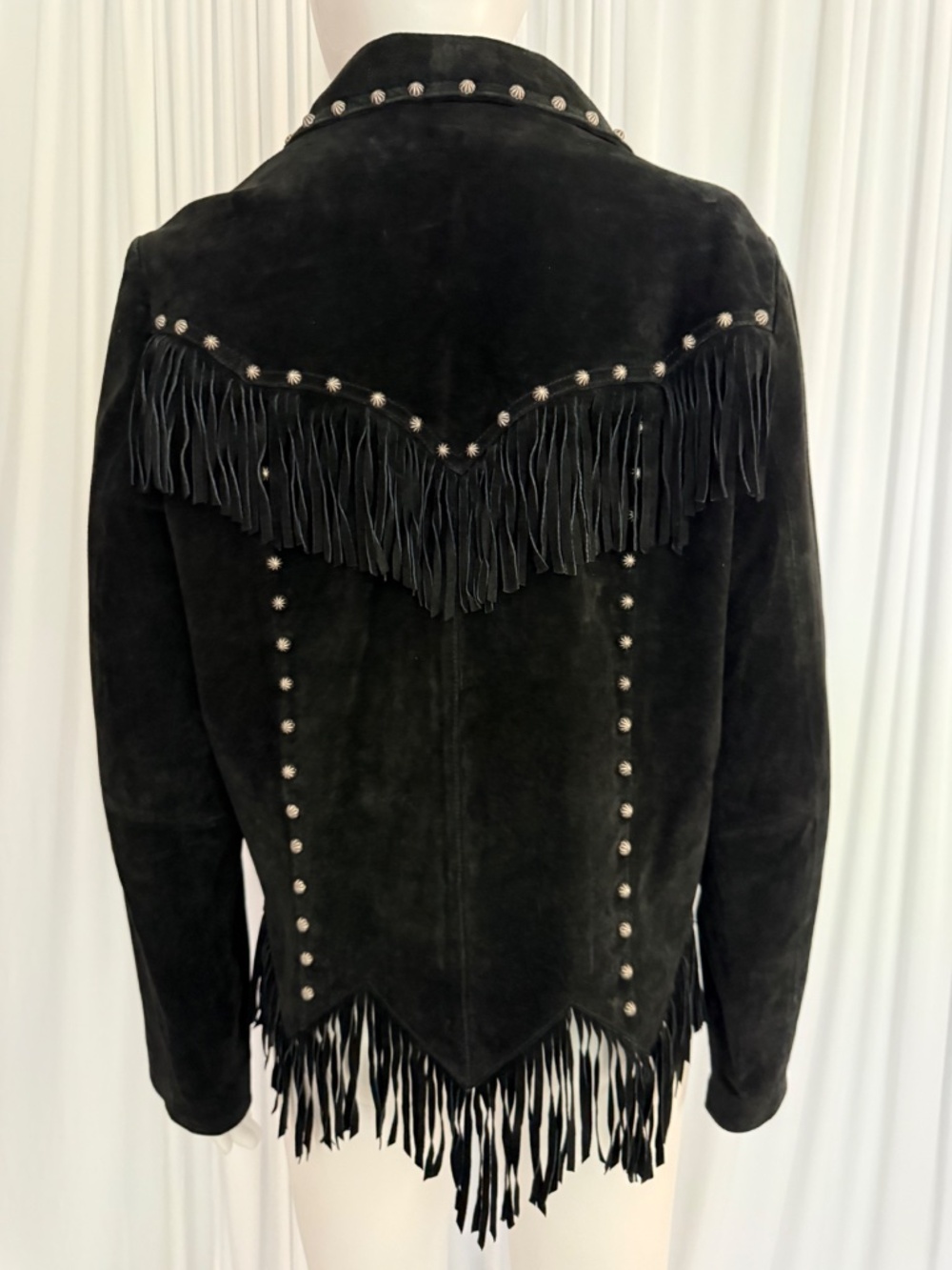 Saguaro Black Suede Leather Fringe Western Jacket | Red Satin Lining | Size L - Picture 4 of 16